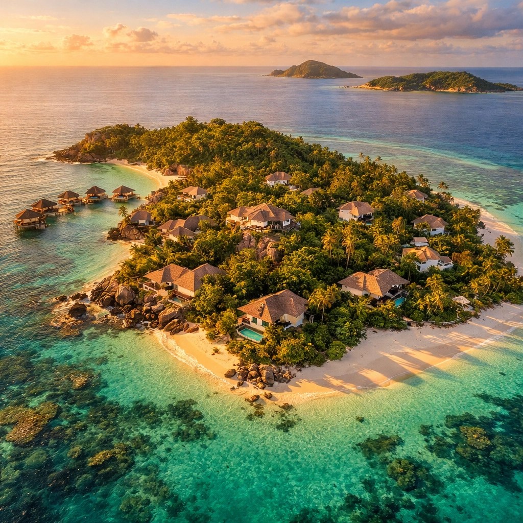 Aerial view of exclusive private island resort with luxury villas in tropical paradise destination