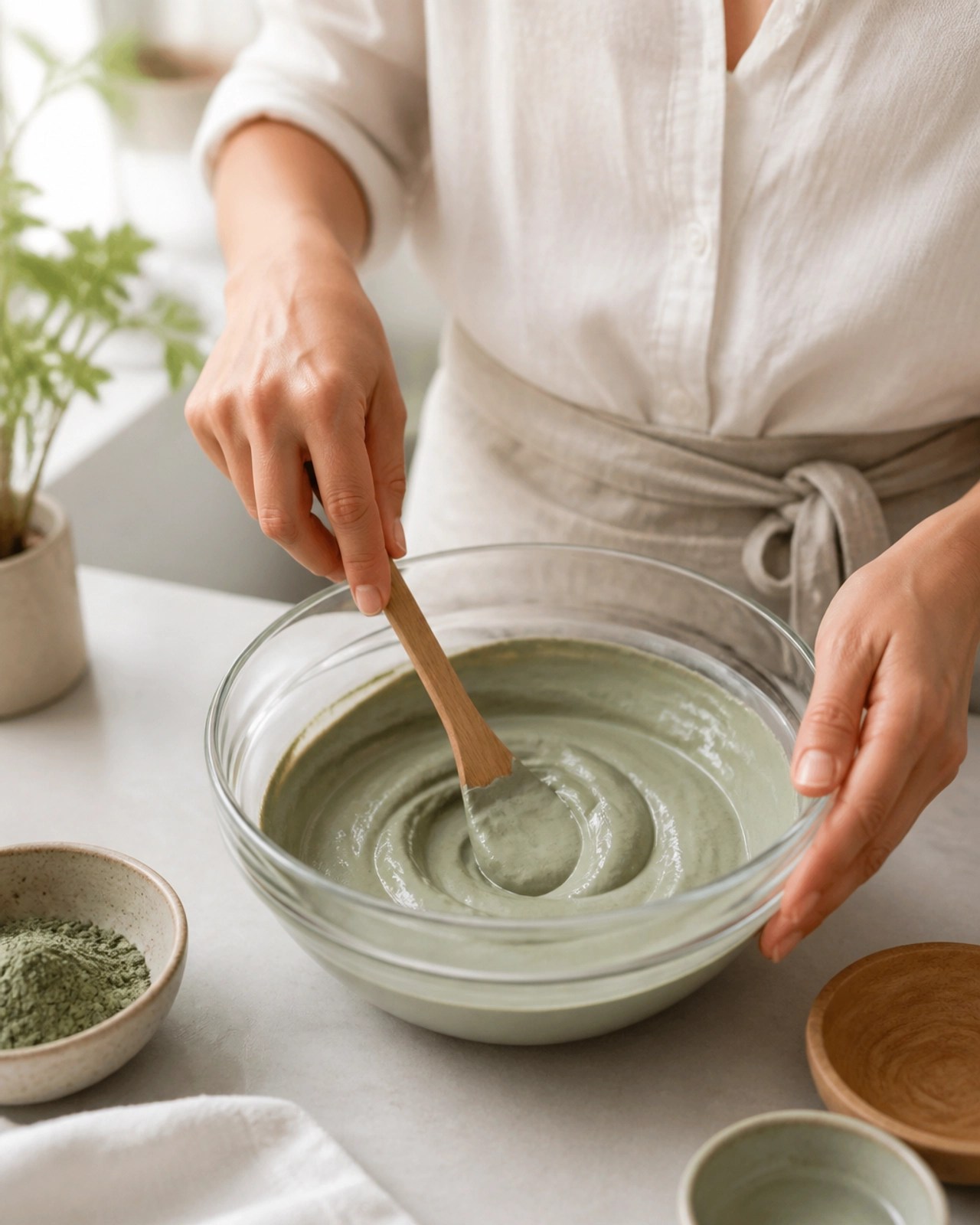 A person mixing a smooth, high-quality French green clay paste.