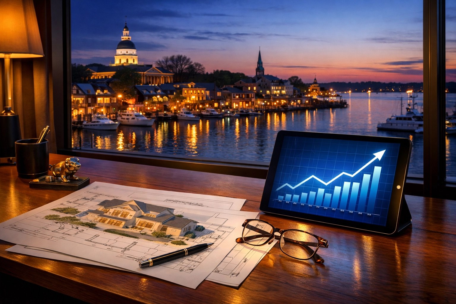 Financial planning desk with home blueprints and growth charts overlooking the historic Annapolis harbor.
