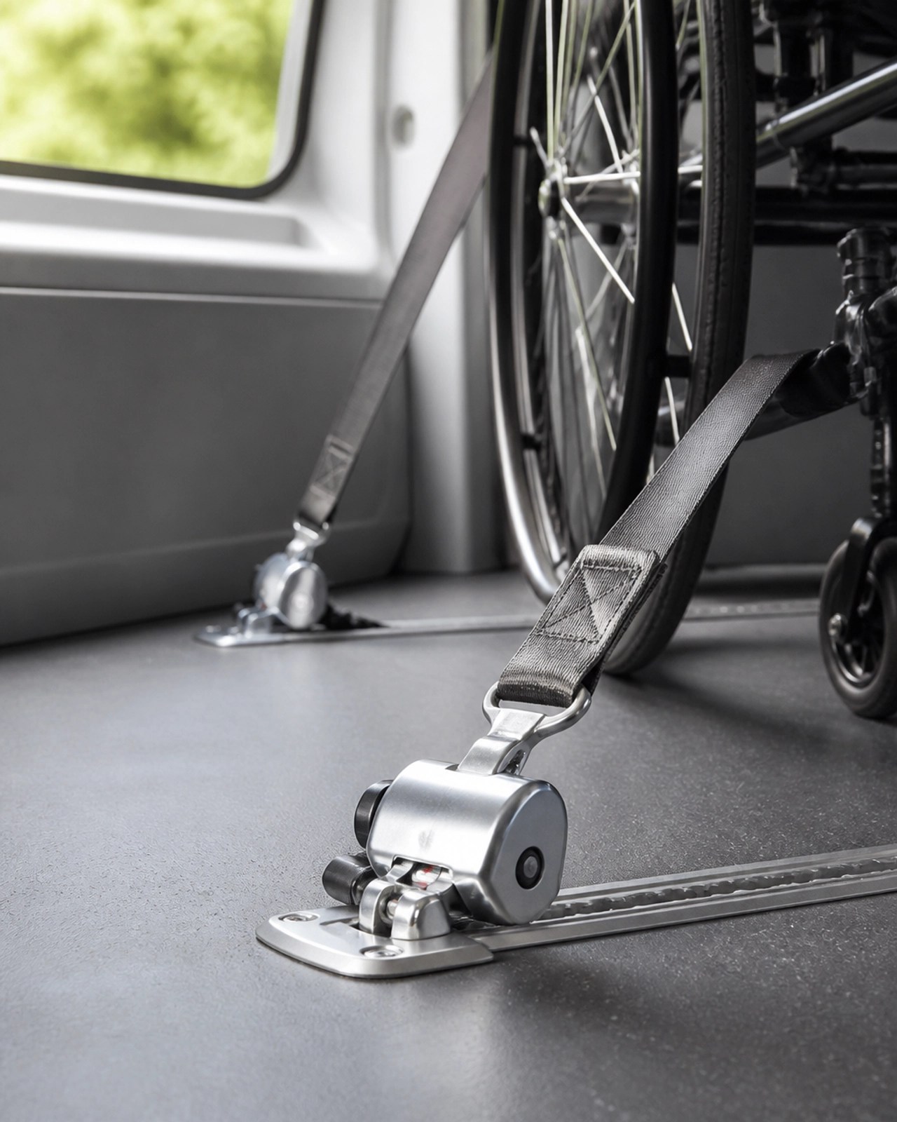A close-up of a professional wheelchair securement system inside a transport vehicle