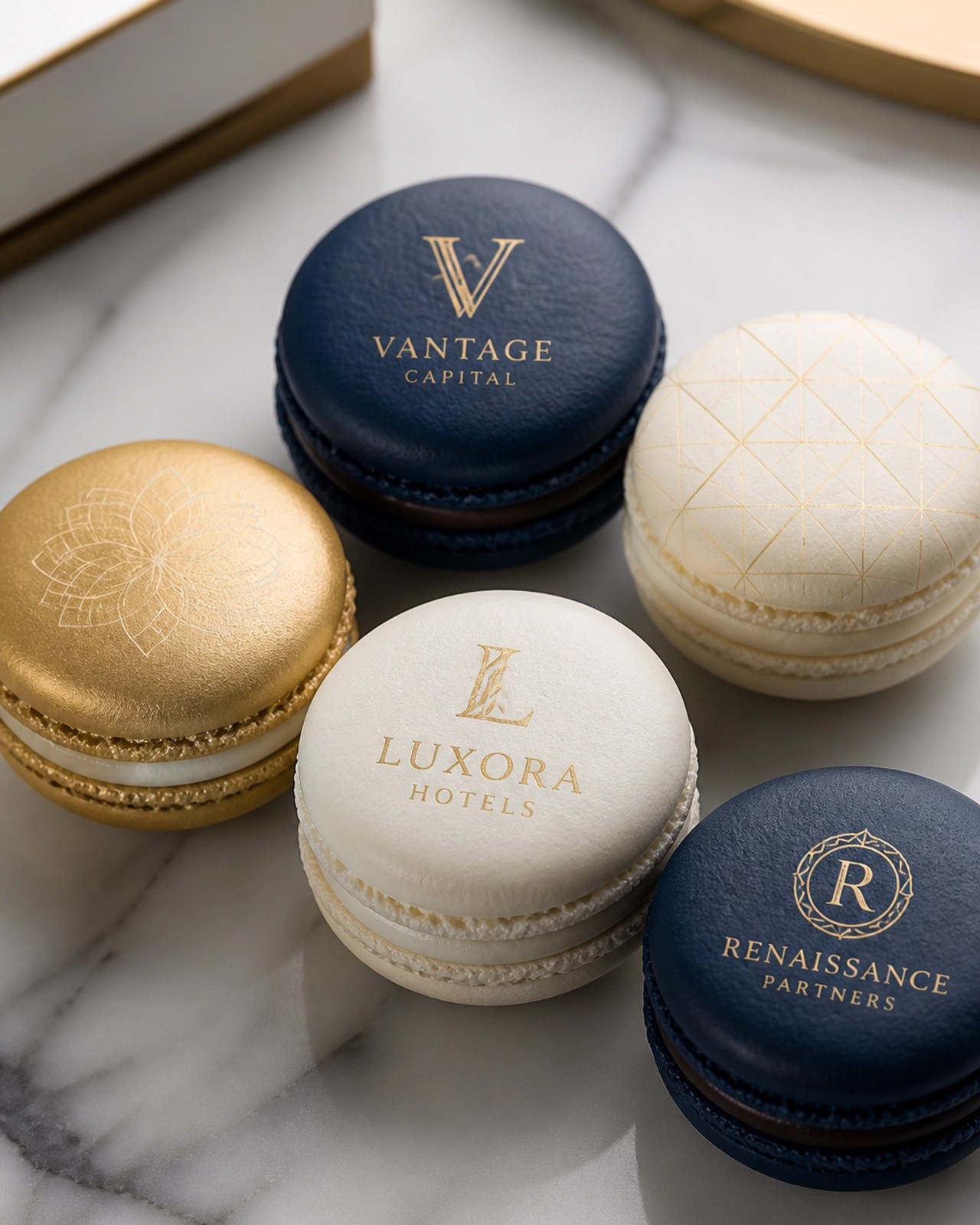 Gepersonaliseerde premium macarons met bedrijfslogo's, een toonbeeld van hoe gastronomie en merkidentiteit naadloos in elkaar kunnen overvloeien.