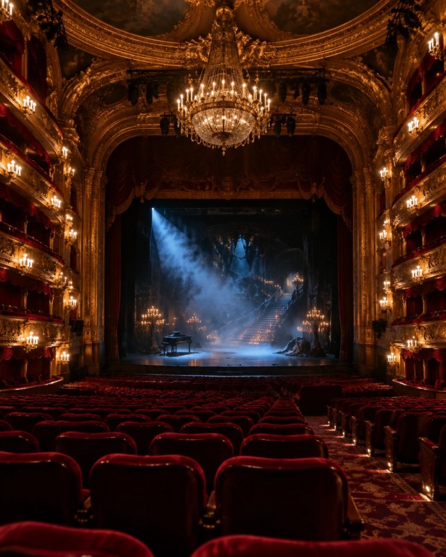 A wide view of a red-velvet theater auditorium and gilded balconies facing a dramatically lit stage
