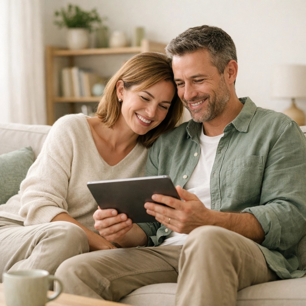 A couple enjoying peace of mind while using a tablet to manage their finances and improve cash flow.
