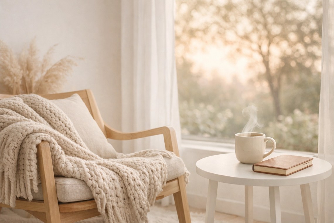 A cozy indoor sanctuary corner with a warm drink and book, illustrating soul care and divine rest.