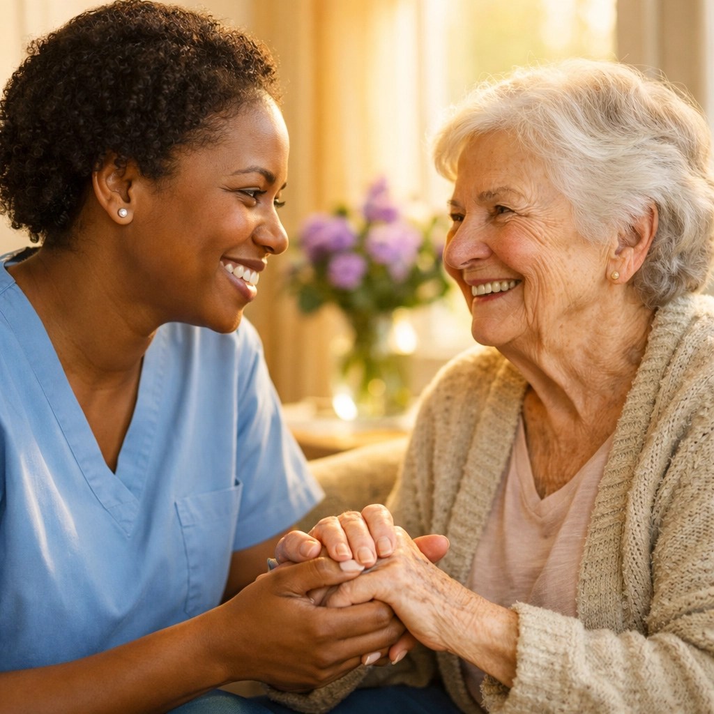 Compassionate caregiver holding hands with elderly client in warm home care setting