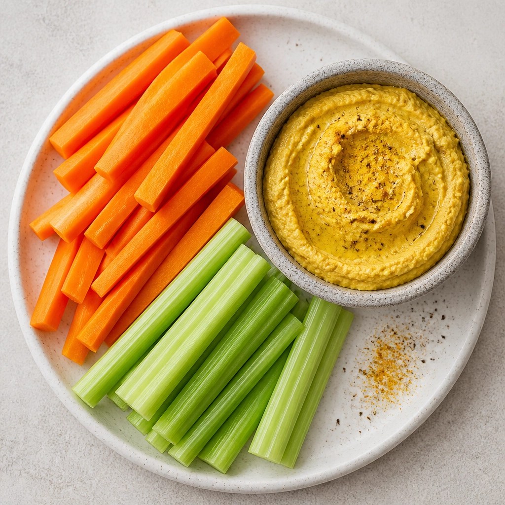 Vegetales crujientes con hummus especiado, una merienda ligera para Kapha