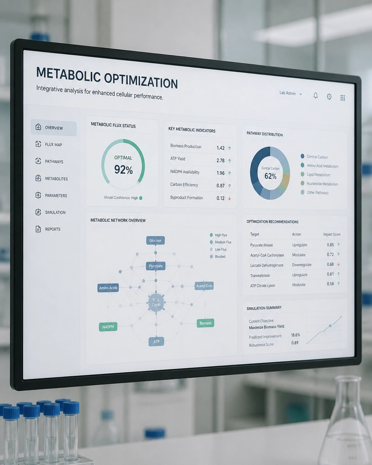 Digital screen displaying metabolic data and chemical structures