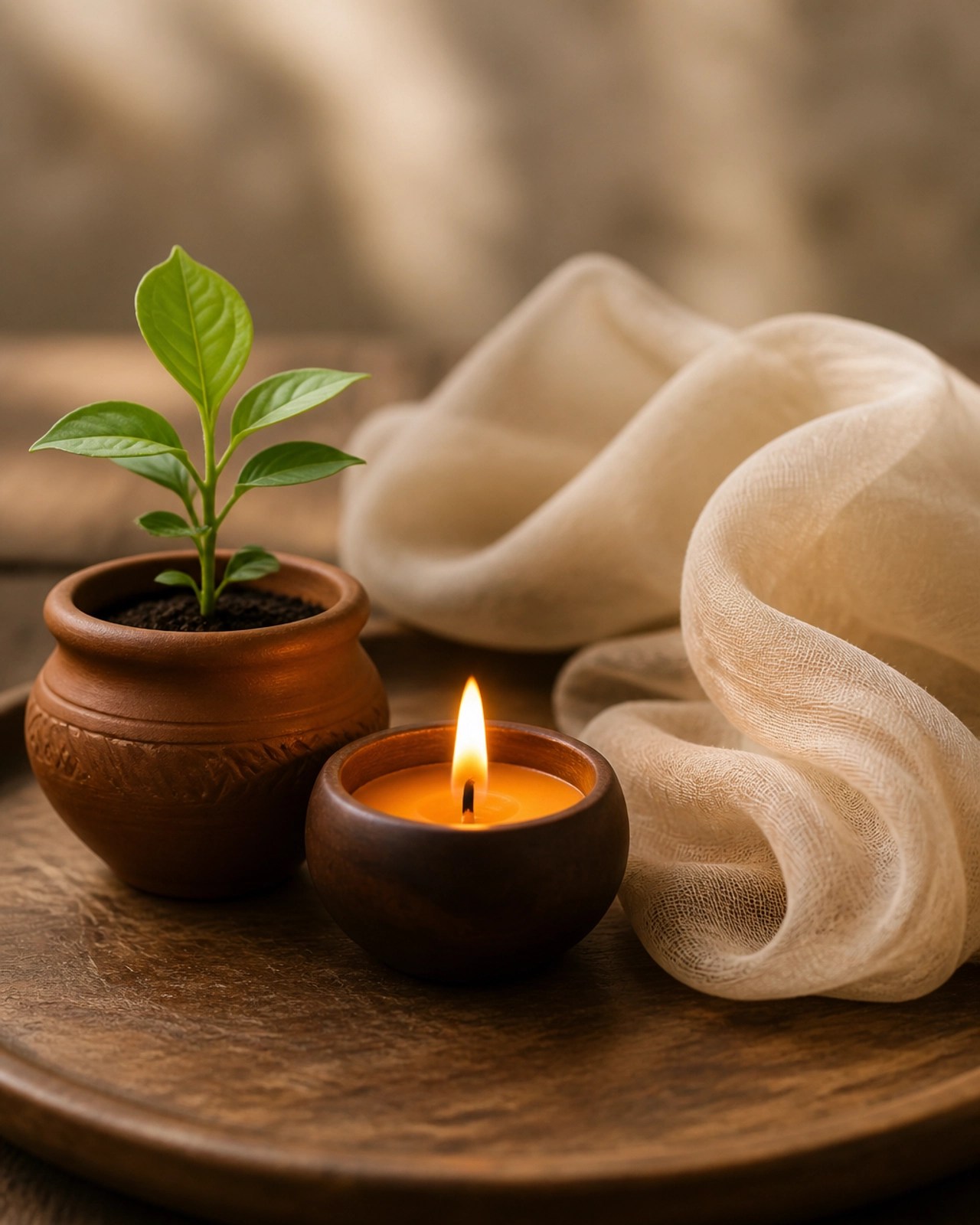 A symbolic representation of the three Ayurvedic elements in clay and wood