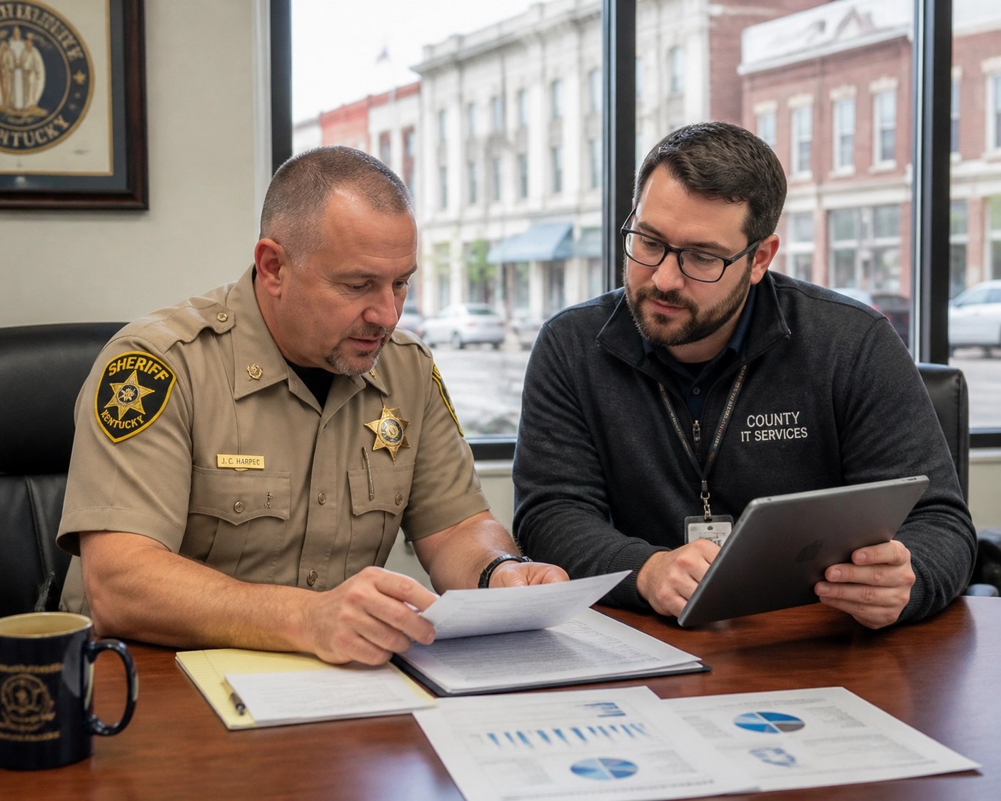 Lexington IT specialist and local official reviewing CJIS 6.0 compliance documentation in a municipal office.