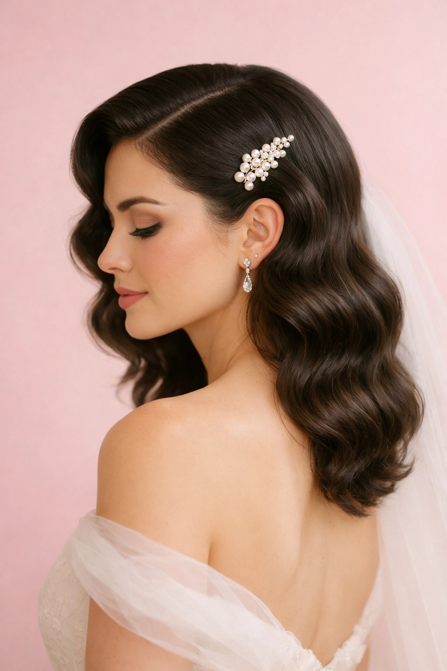 Bride with Hollywood waves hairstyle and pearl hairpin for 2026 wedding