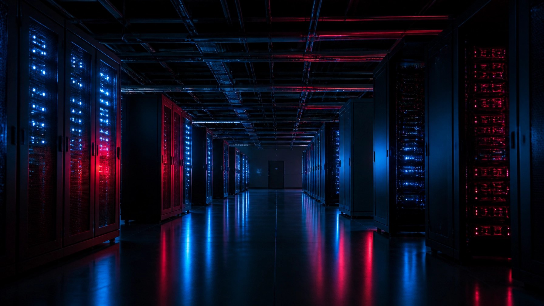 A cinematic photograph of a dark, ominous server room with glowing red and blue lights.