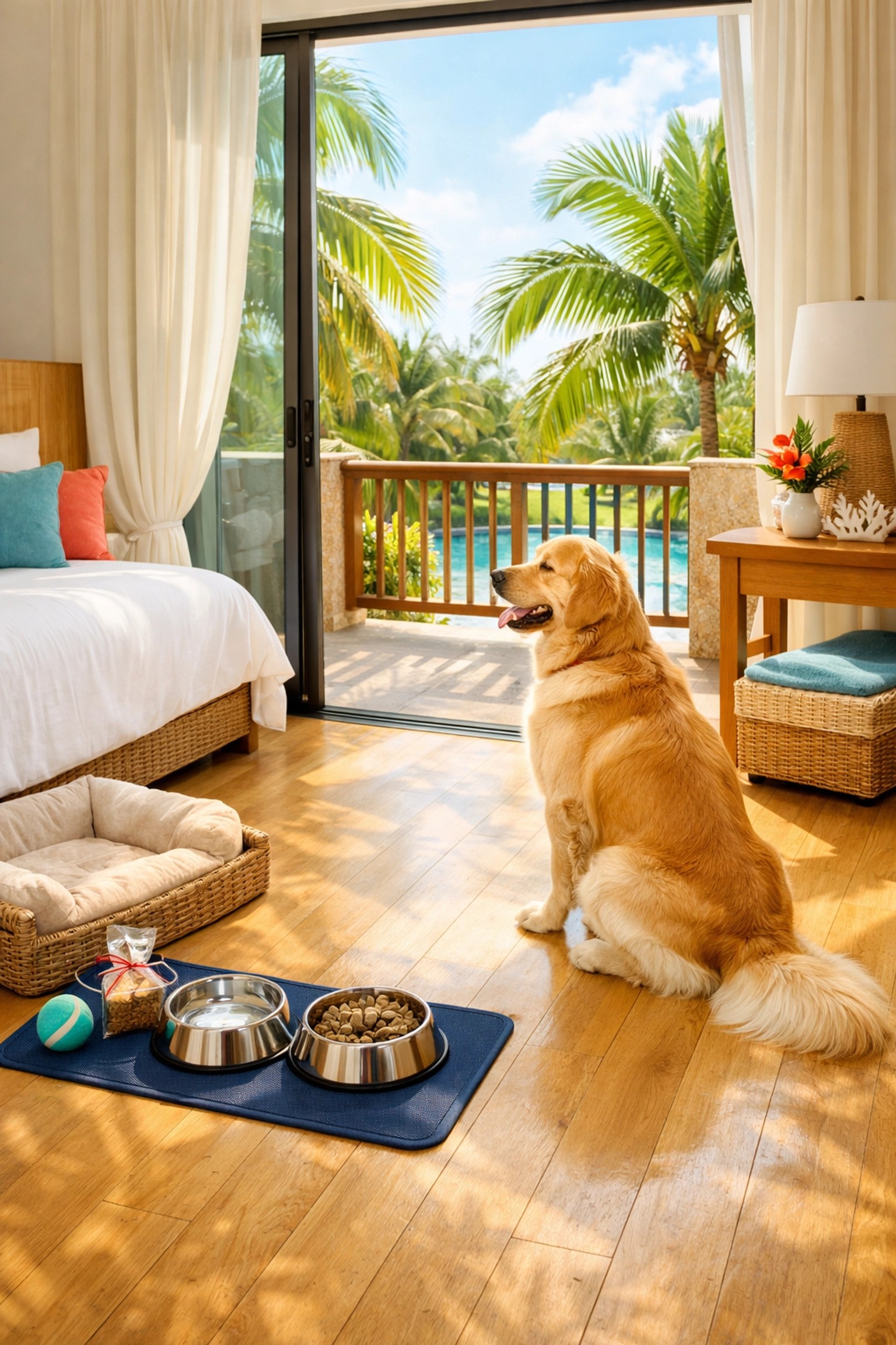 Golden Retriever in a Disney resort room with a pet welcome kit, curated by a Disney vacation planner.