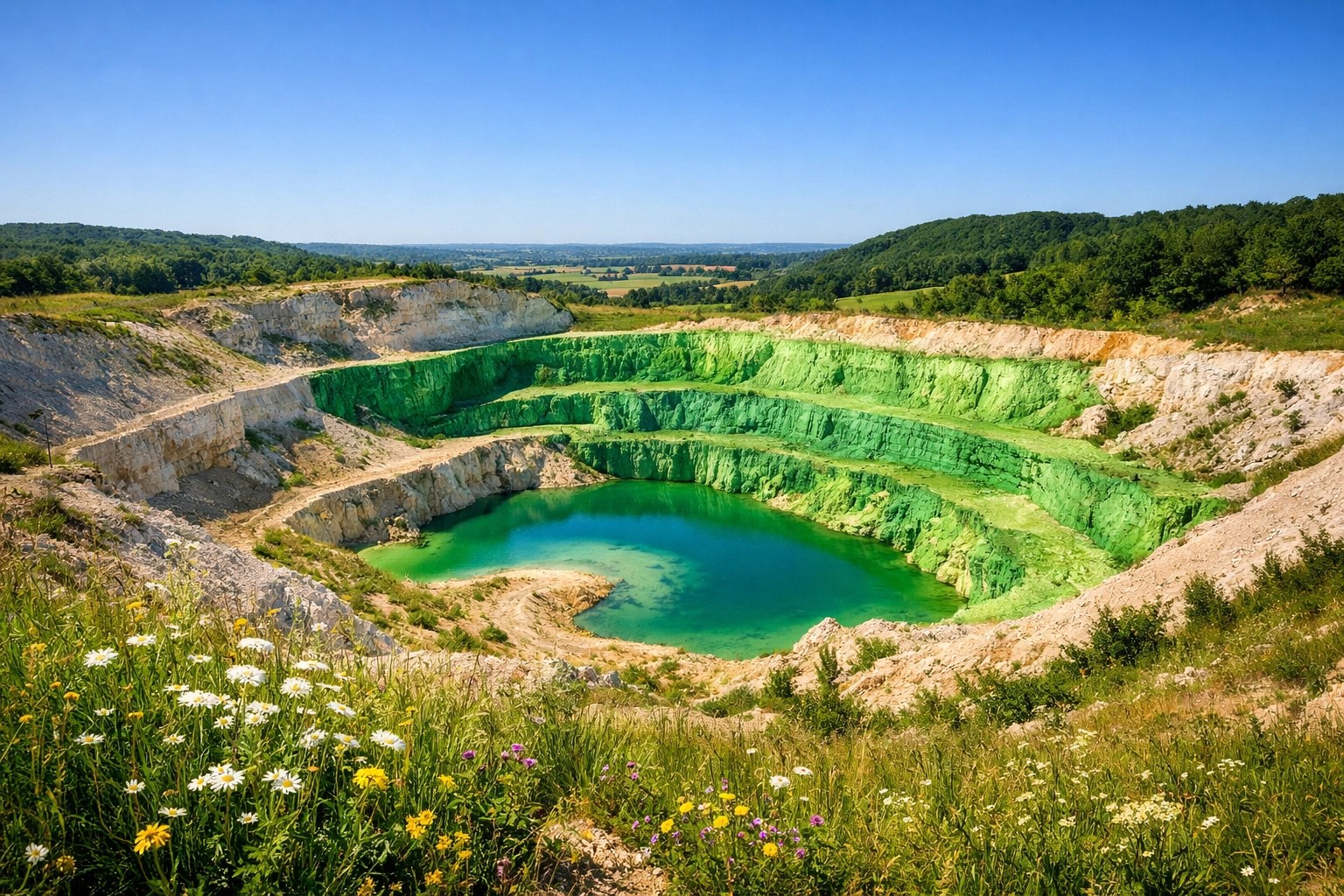 Layers of pure green clay in a French mineral quarry, highlighting the healing properties of earth.