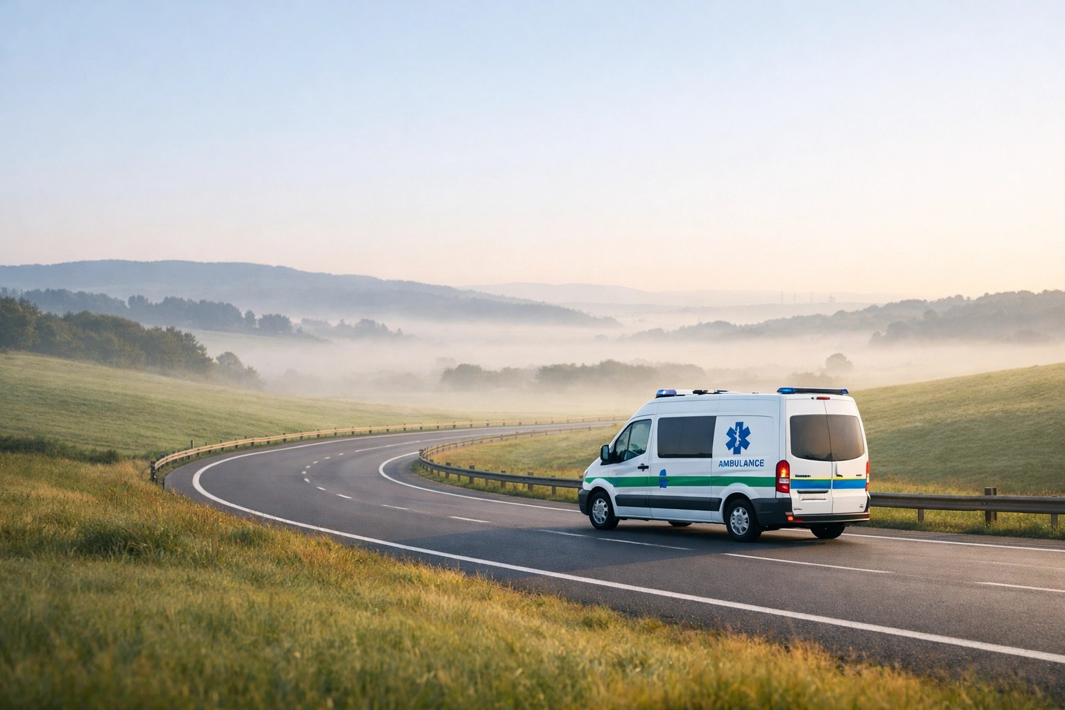Professional medical transport van traveling through a rural landscape to bridge healthcare access gaps.