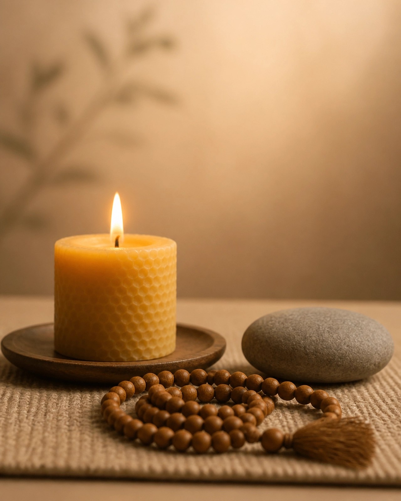 A peaceful meditation space with a candle and mala, symbolizing the internal tranquility achieved through a balanced nervous system.
