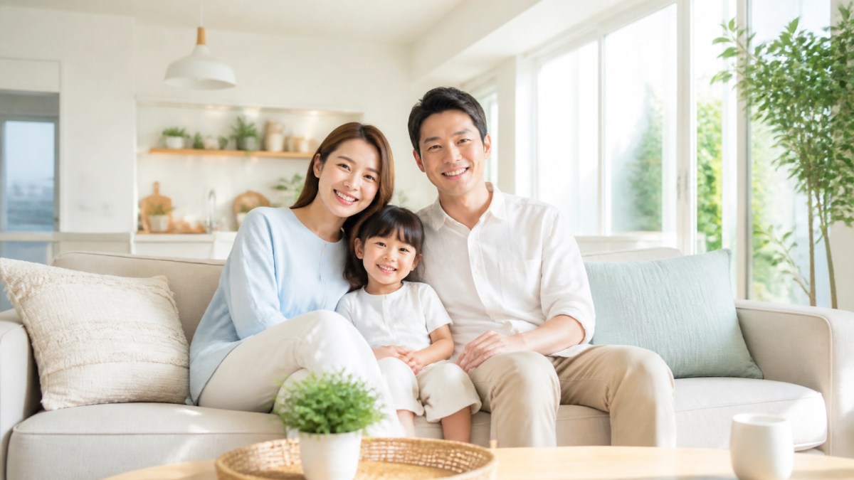 A happy family relaxing in a clean, sunlit living room