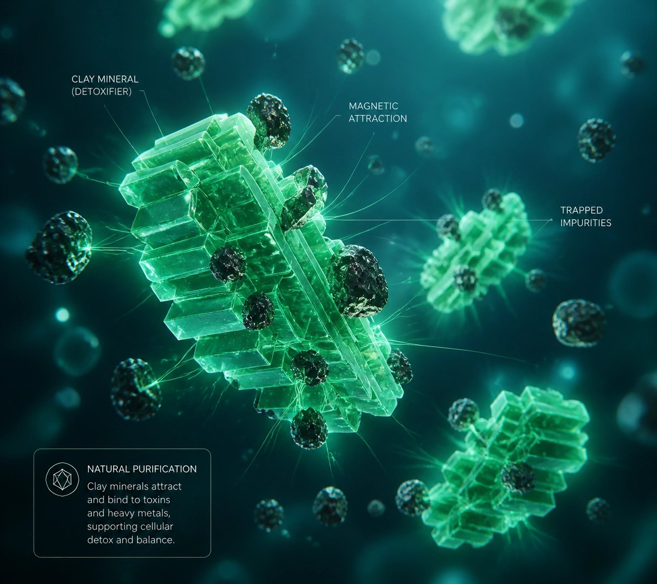 Illustration of green clay minerals adsorbing toxins and metabolic waste for deep cellular detox.