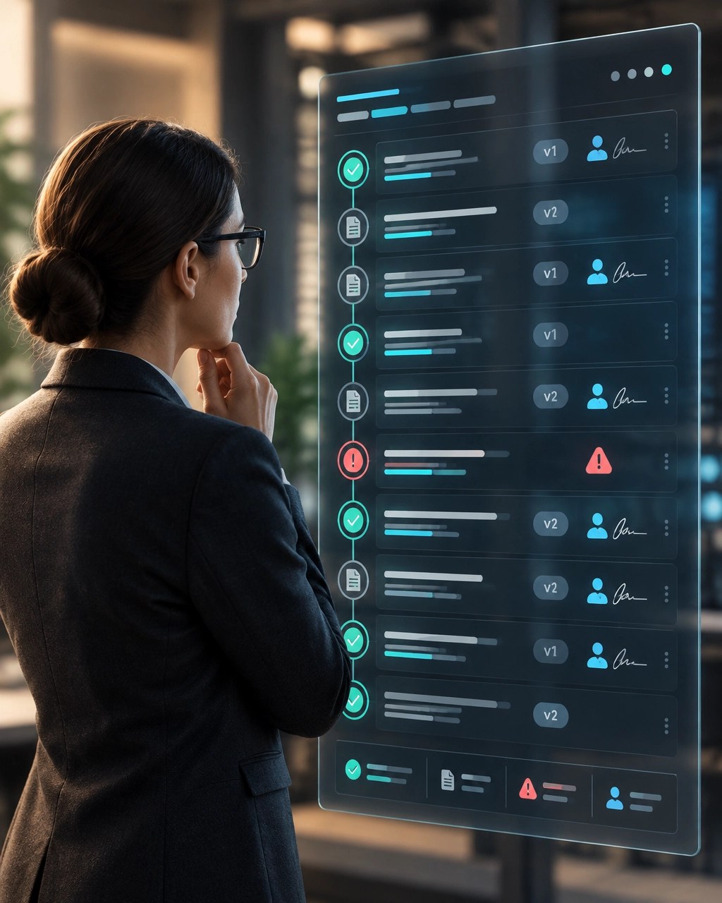 A focused operations specialist reviewing a chronological AI decision ledger and audit trail