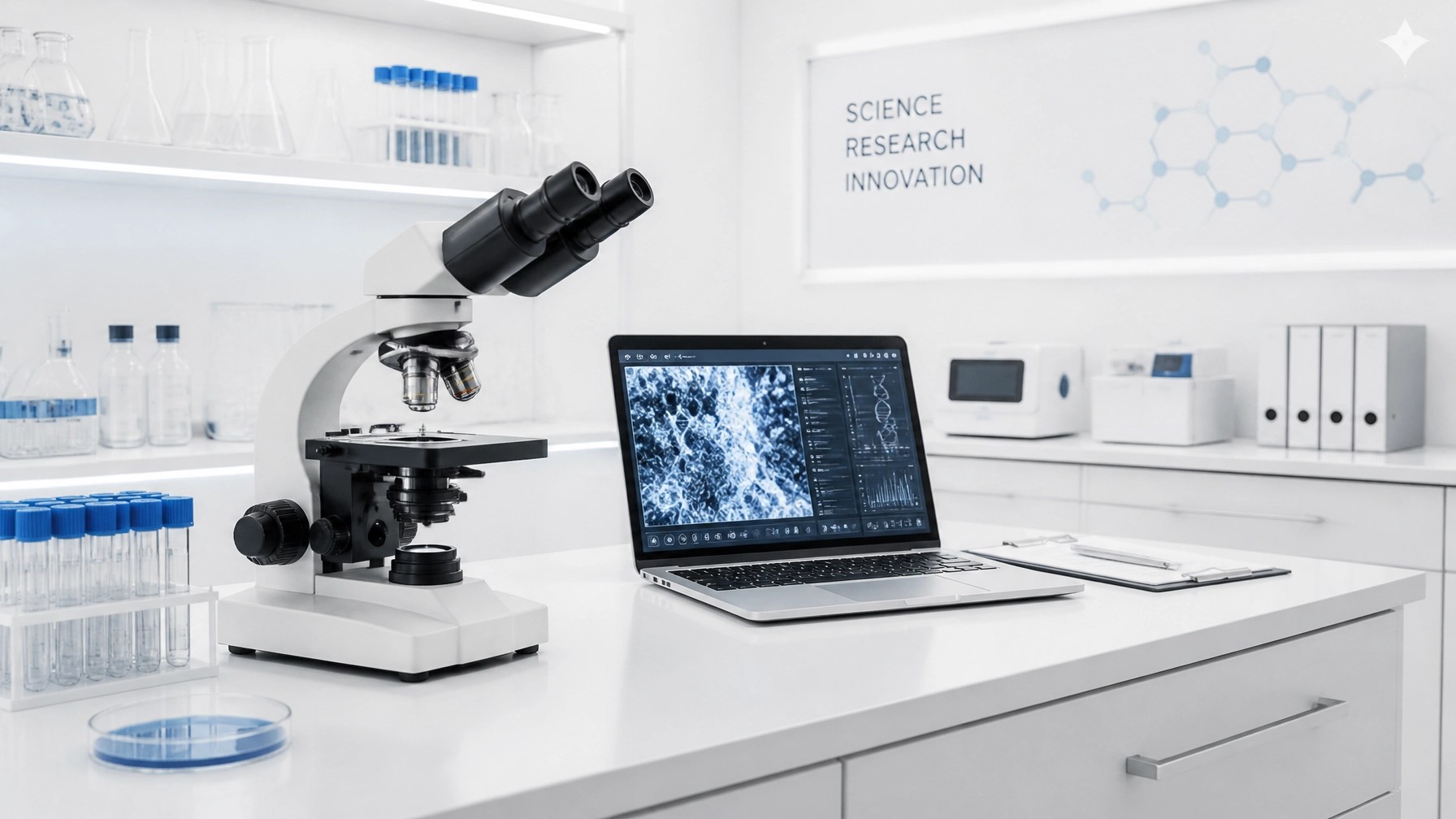 A clean, modern medical laboratory environment symbolizing the rigorous research required for Adipotide