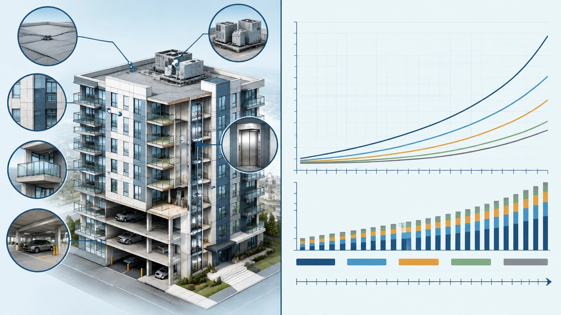 Engineering visualization of a condo common-area component inventory connected to a 30-year capital funding plan