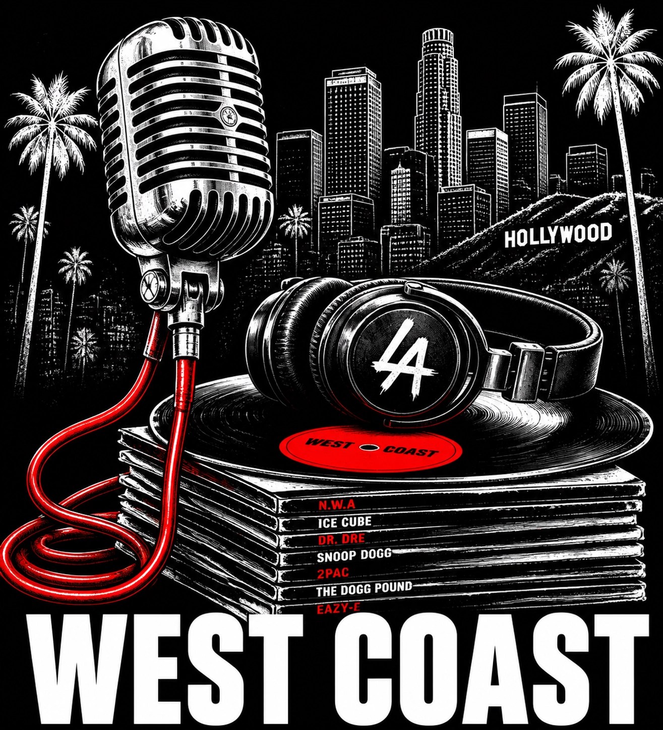 Vintage microphone and headphones on vinyl records featuring a West Coast L.A. skyline backdrop.