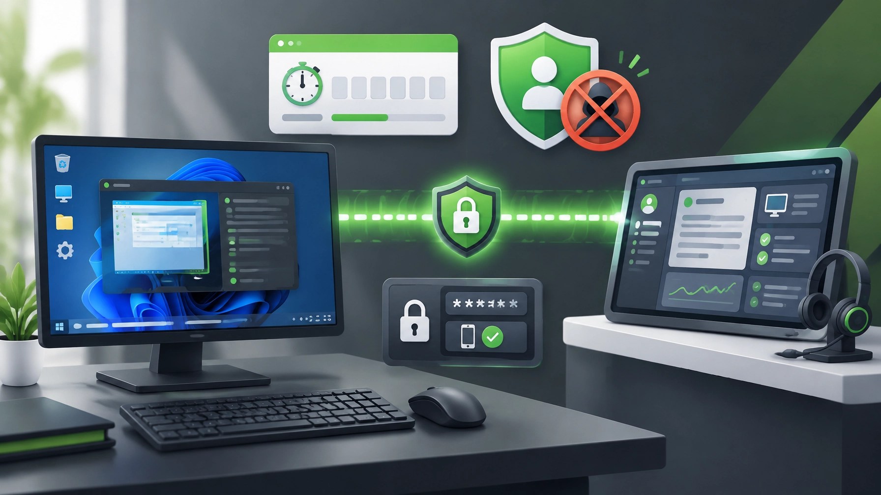 Secure remote IT support illustration showing a protected Windows workstation, remote session, access code, and cybersecurity shield