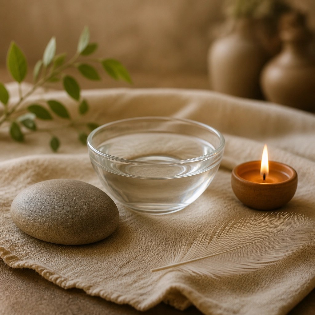 A balanced still-life composition of a river stone, water, a candle, and a feather, representing the elemental foundations of the Doshas.