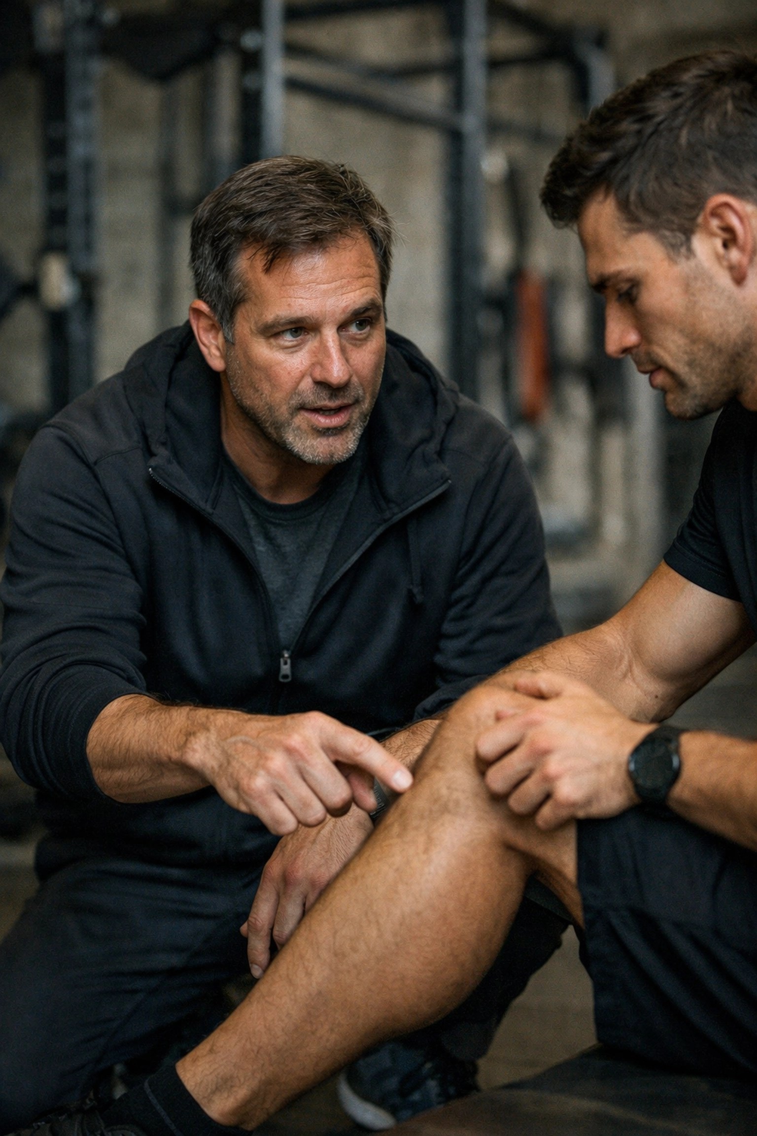 Consultant Tibs Parise demonstrating a recovery protocol for a runner's lower leg injury.