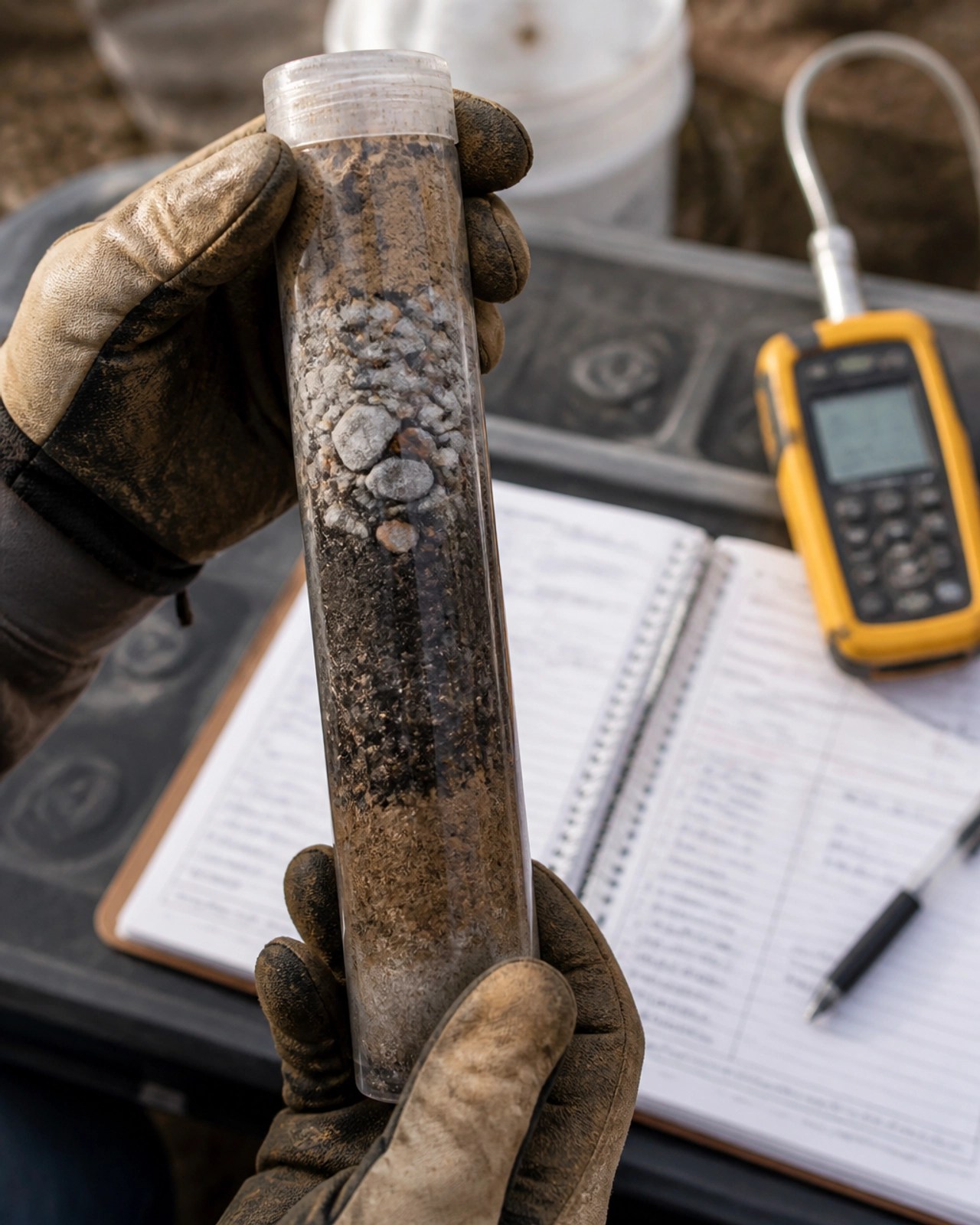 Close-up of a soil core sample tube showing heterogeneous layers of historic fill, crushed stone, ash, and soil.