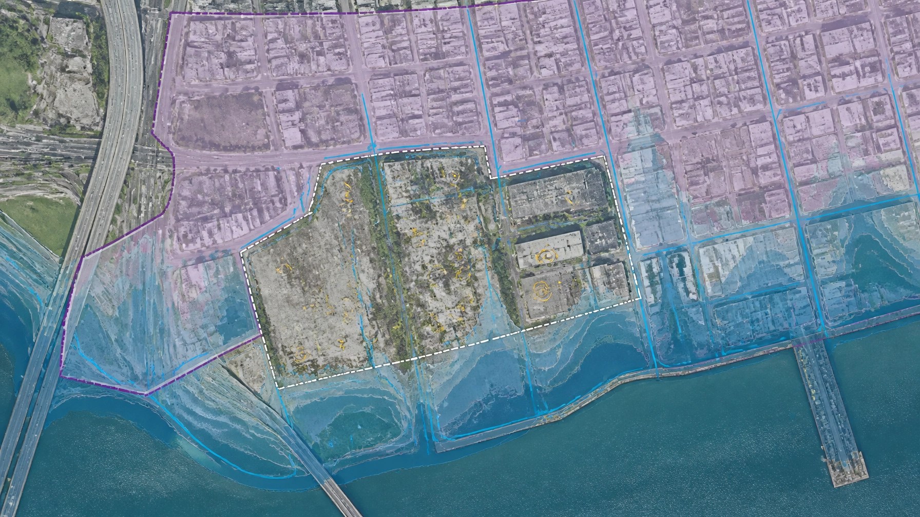 GIS-style environmental review map showing flood exposure, drainage, soil investigation points, and disadvantaged community screening