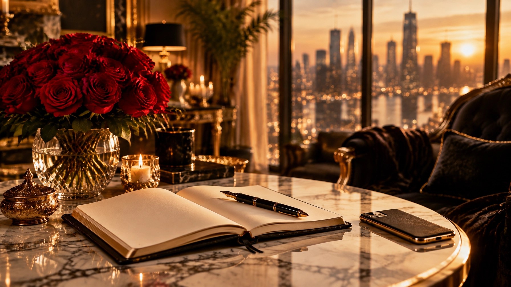 A calm luxury journaling space with roses and warm light for dating advice for women and manifesting love