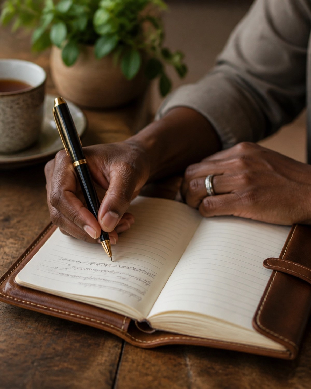 A close-up of a person of color's hands writing in a journal, representing self-reflection and identity work.