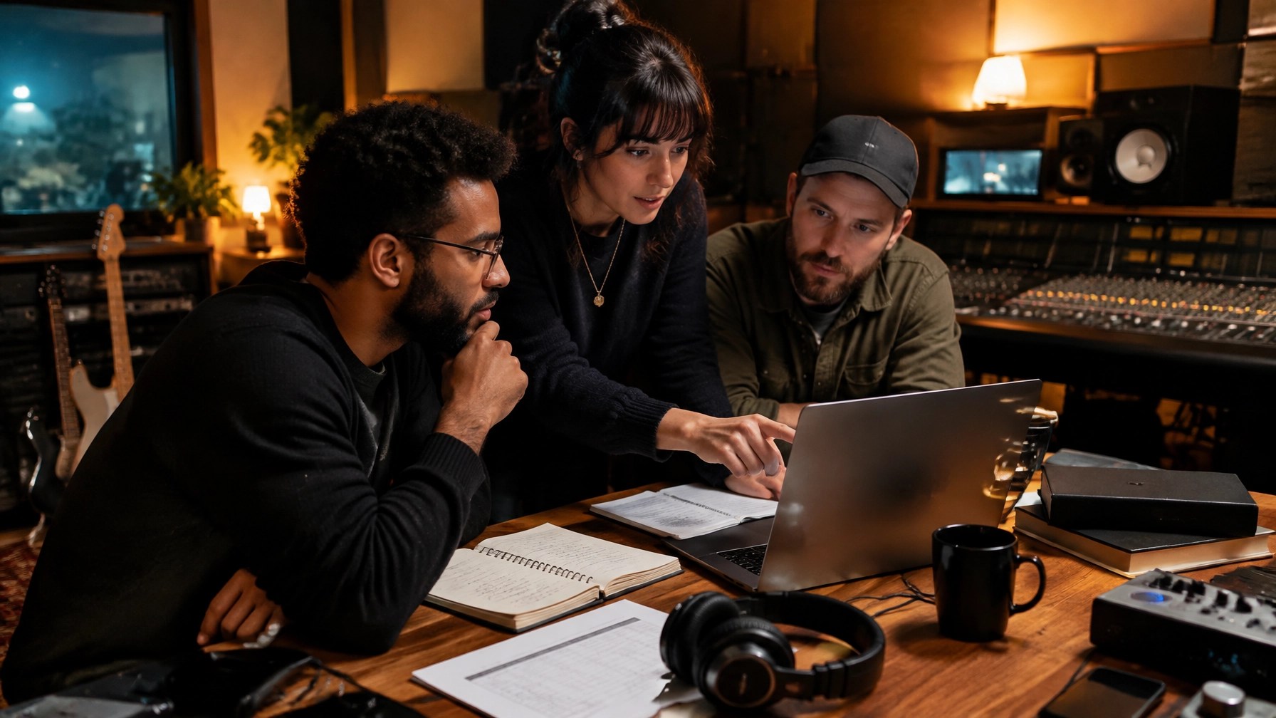 Studio team reviewing recording credits, ISRC metadata, and release information in a music production environment