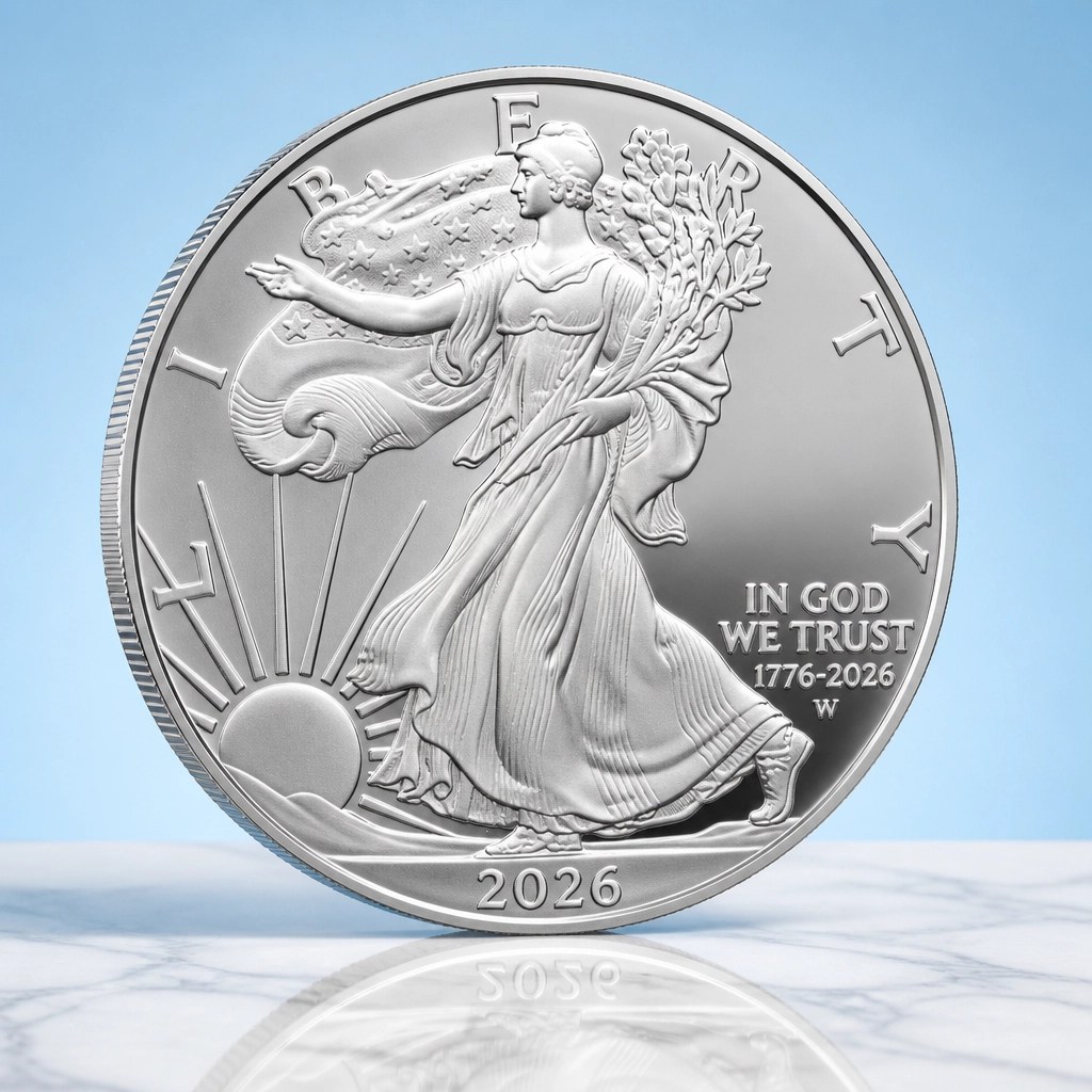 2026 American Silver Eagle coin on a high-contrast pastel background