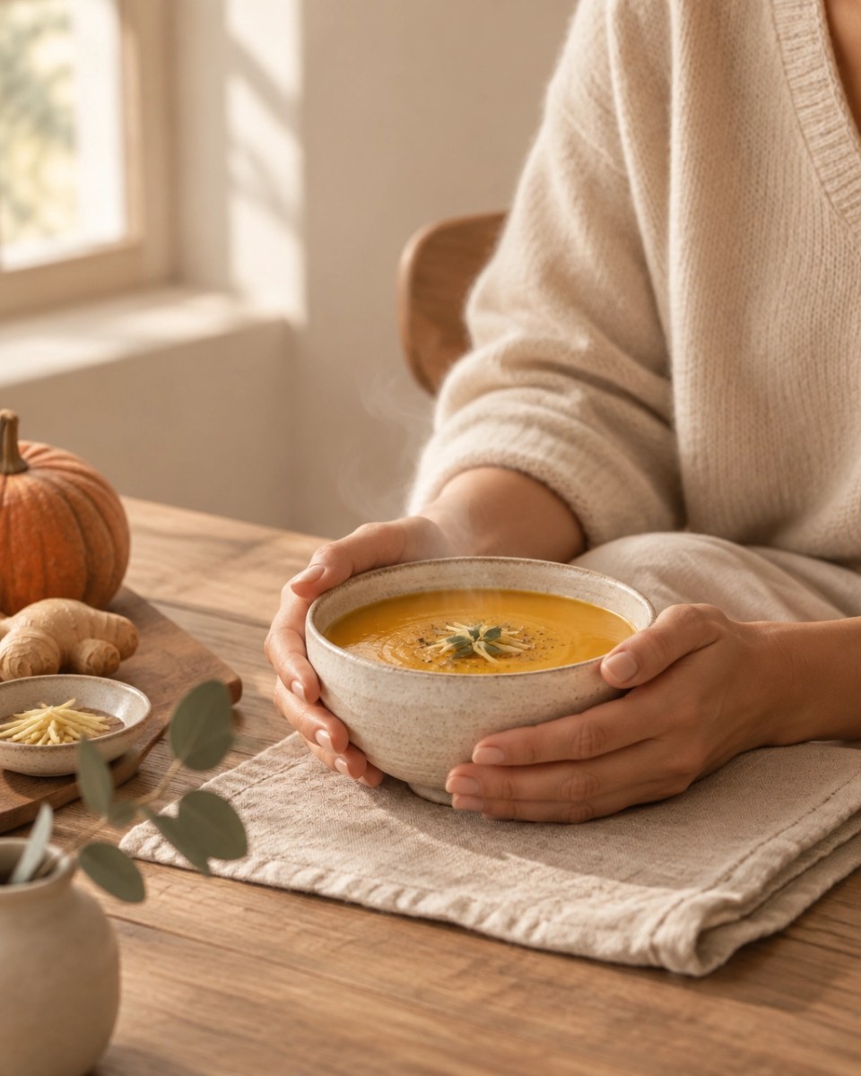Persona disfrutando conscientemente una sopa caliente de calabaza y jengibre en un ambiente otoñal y sereno