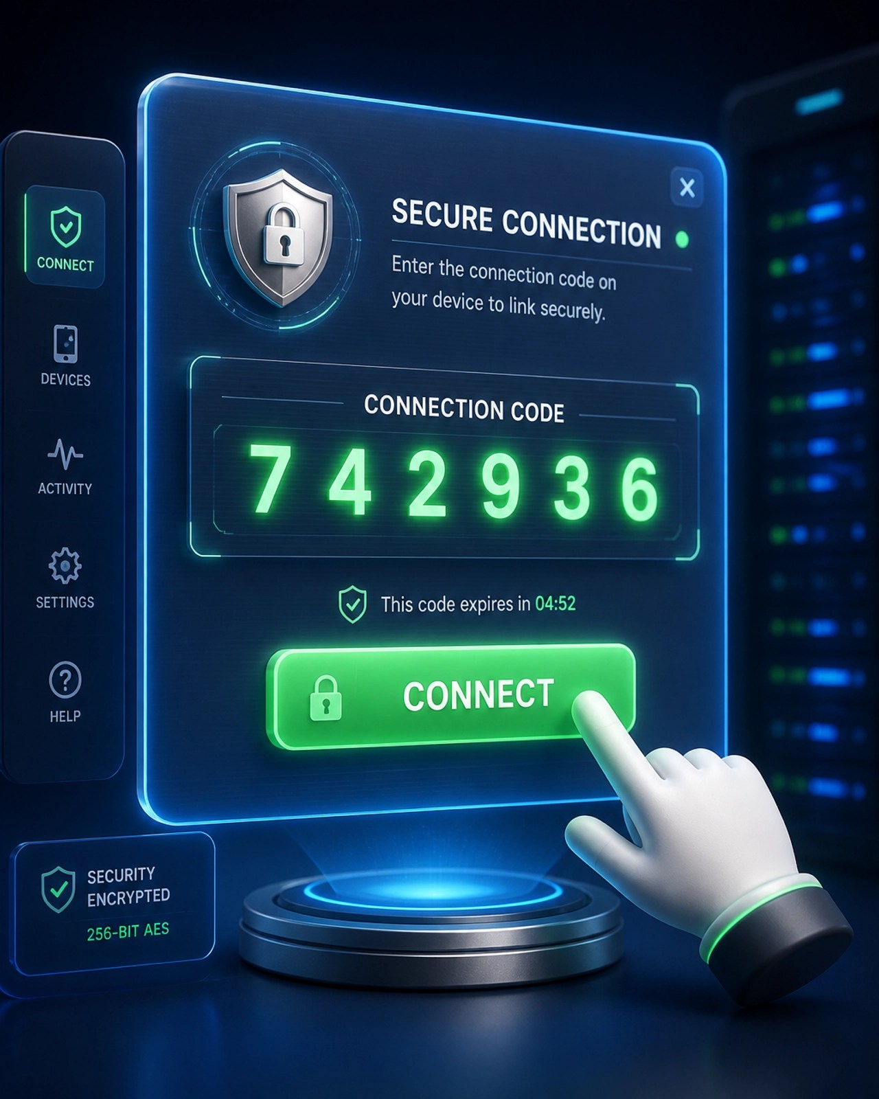 3D illustration of a holographic connection code interface