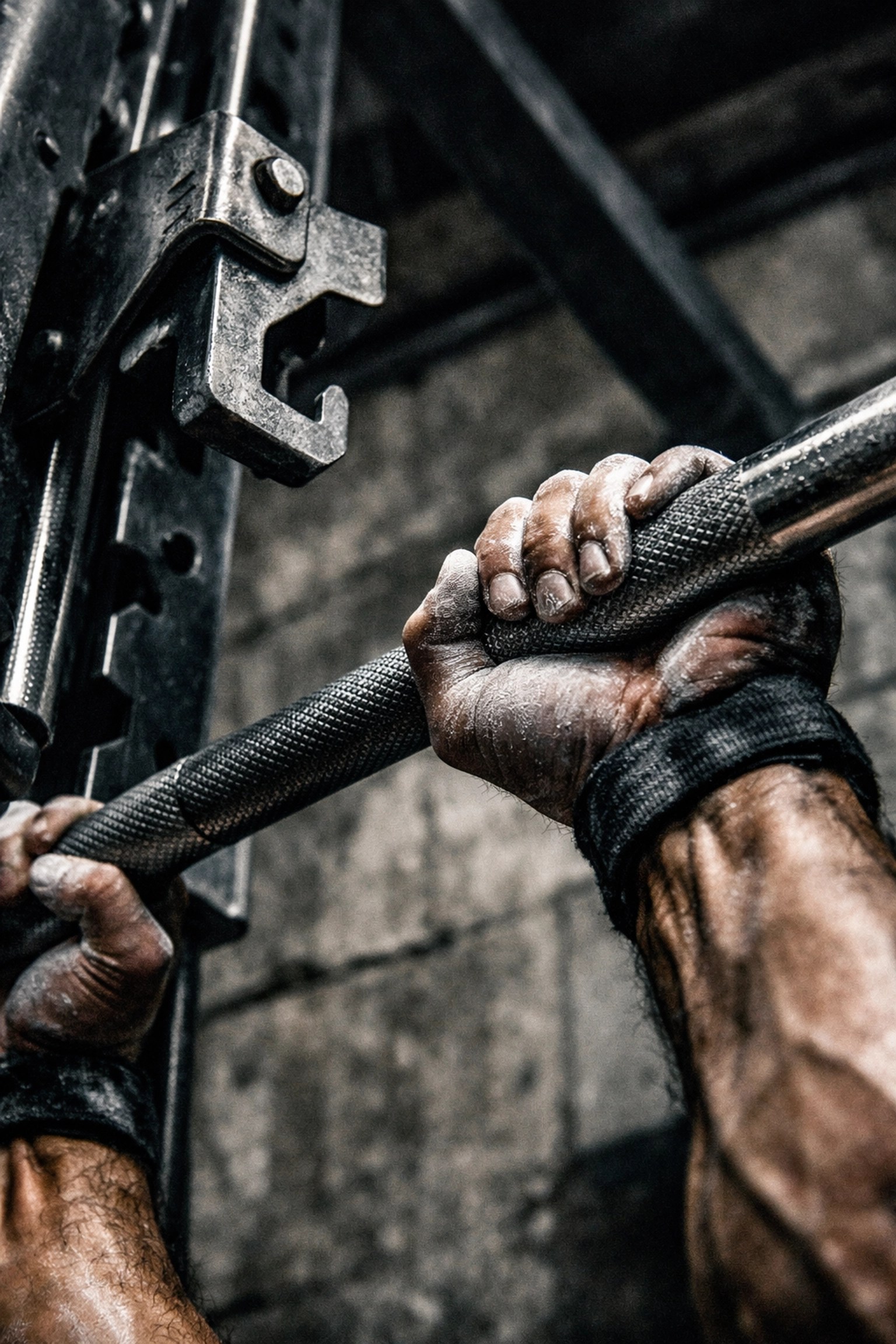 Close-up of a lifter's hands on a Smith machine bar focusing on the safety hooks for safe bench pressing.