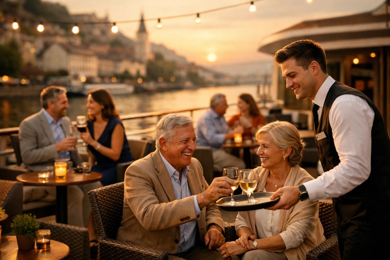 Intimate river cruise sun deck with personalized service and small group of travelers