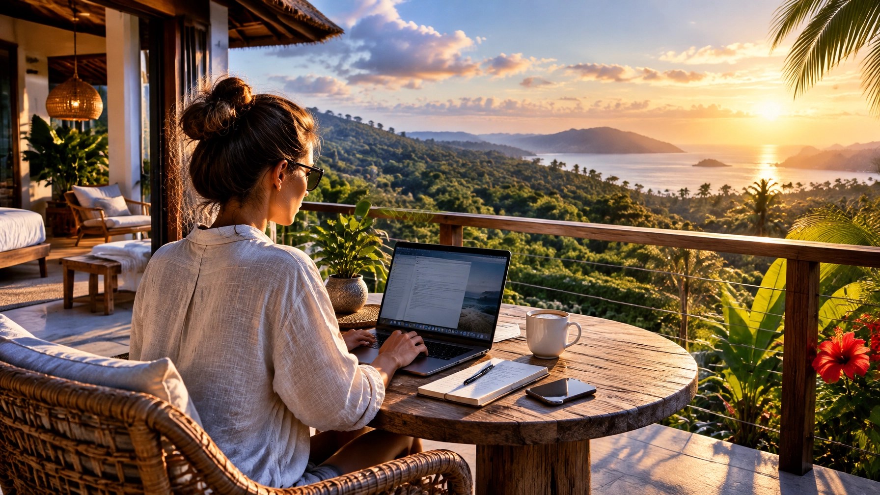 A remote professional working from a boutique hotel balcony overlooking the sea