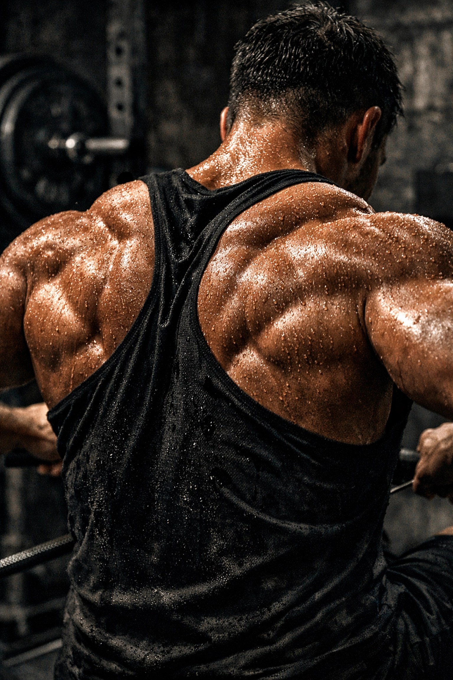 Defined rhomboids and trapezius muscles of an athlete performing a heavy seated cable row.