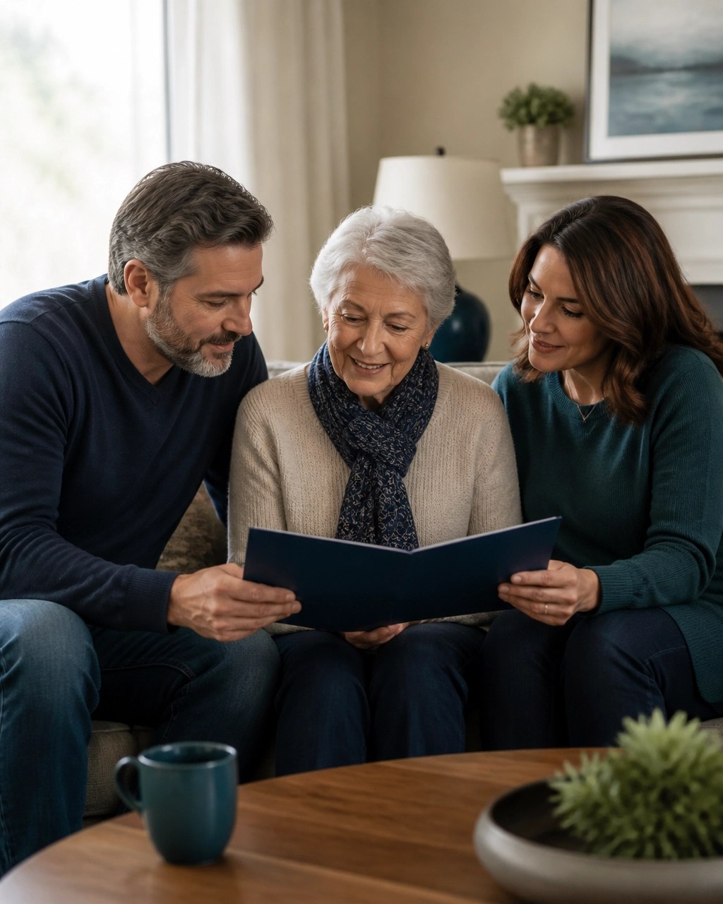 Older grandmother and adult family members discussing a simple planning folder together at home