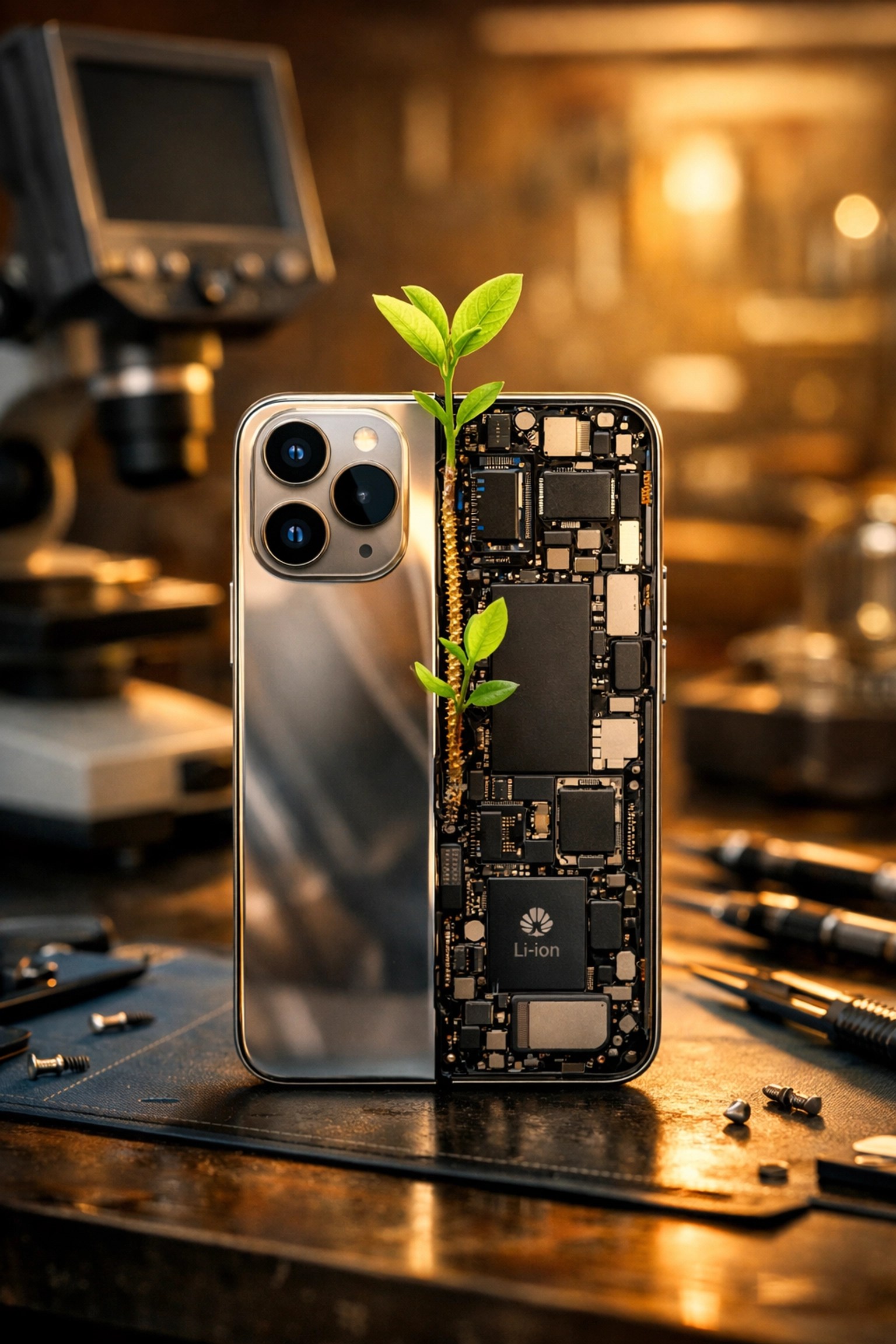Sustainable iPhone 16 phone repair near me showing internal hardware and a green plant symbolizing eco-friendly service.