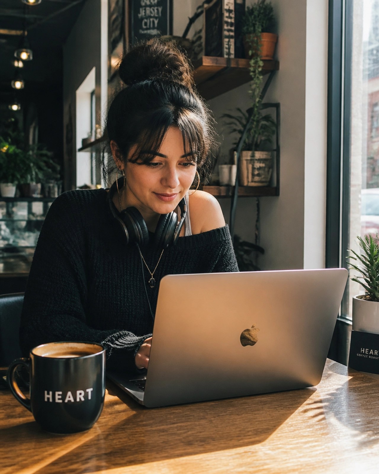 Independent singer-songwriter working on her music marketing plan in a modern Jersey City cafe