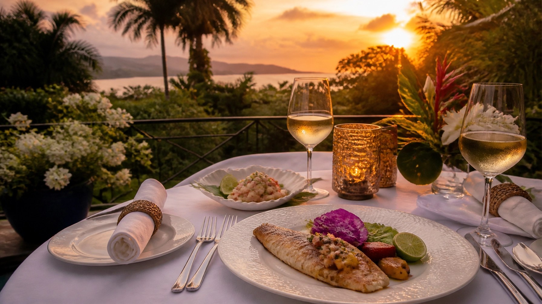 Elegant Jamaica resort dining setting overlooking the sea at sunset
