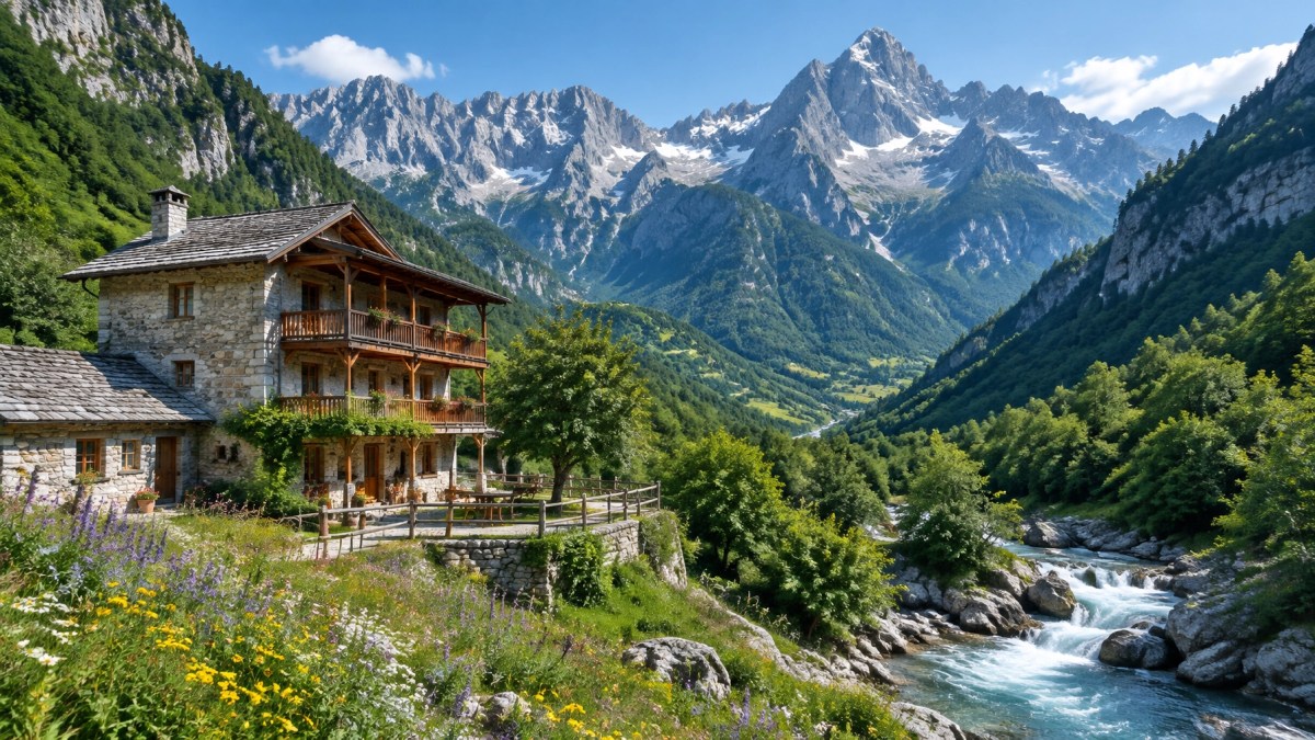 Dramatic Albanian Alps landscape around Valbona and Theth with a traditional guesthouse