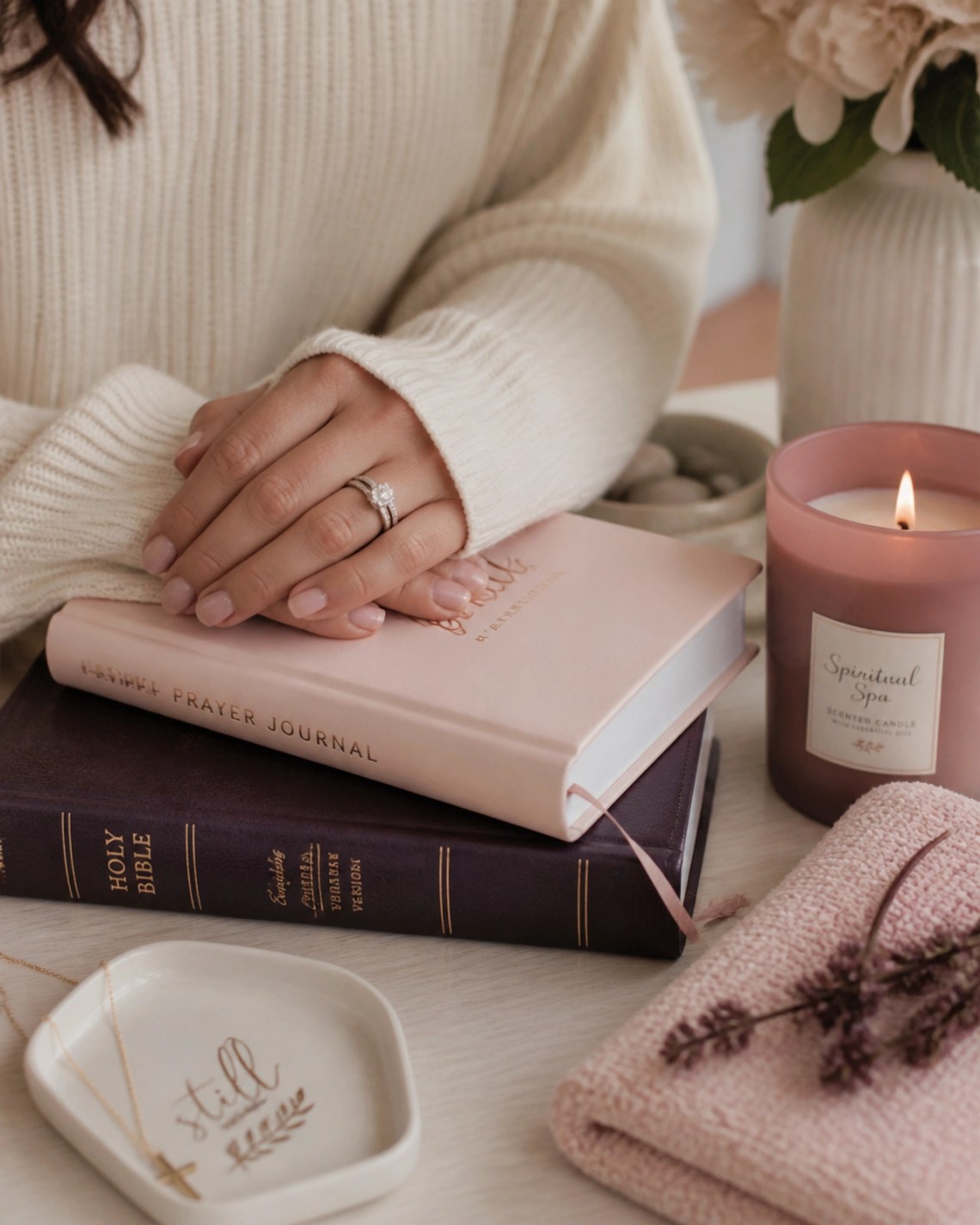 A peaceful close-up of a Christian woman's hands resting on an open Bible and a Petal Pink prayer journal