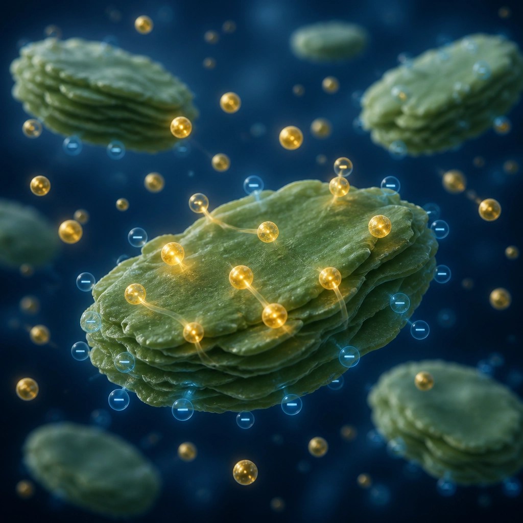 A scientific 3D illustration showing green clay particles attracting toxins via negative charge.