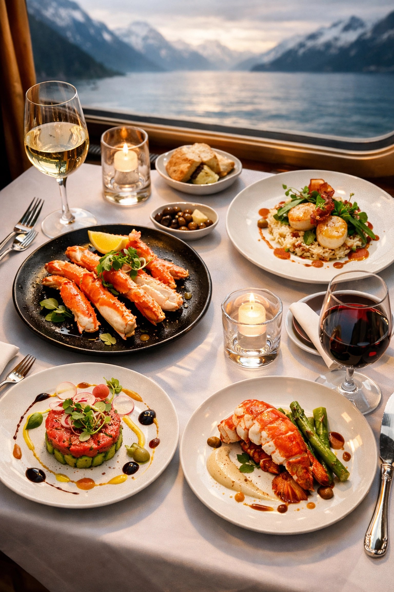 Gourmet seafood dining with king crab on luxury cruise ship with ocean view