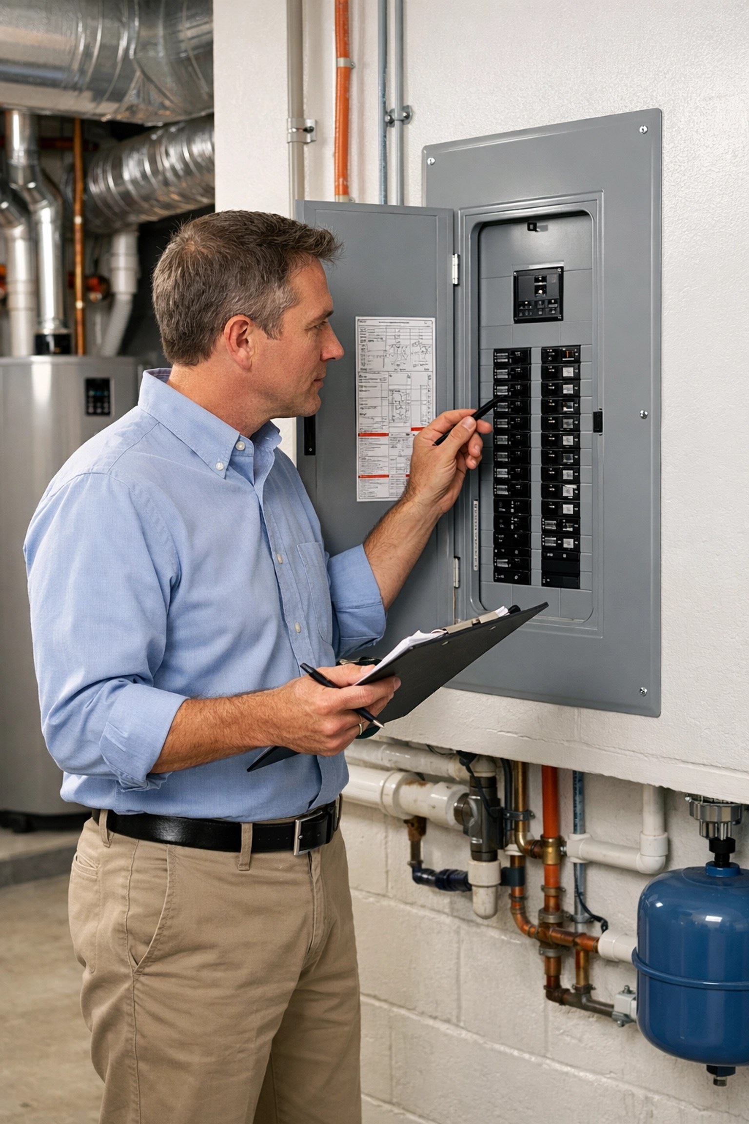 Real estate expert inspecting a home's electrical system to evaluate insurance and maintenance costs.