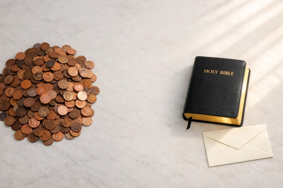 Stop Counting Pennies: Why You Only Need One Approval for Your God-Given Calling 6 Gold-leafed Bible next to a pile of copper pennies, contrasting God’s truth with human opinion.